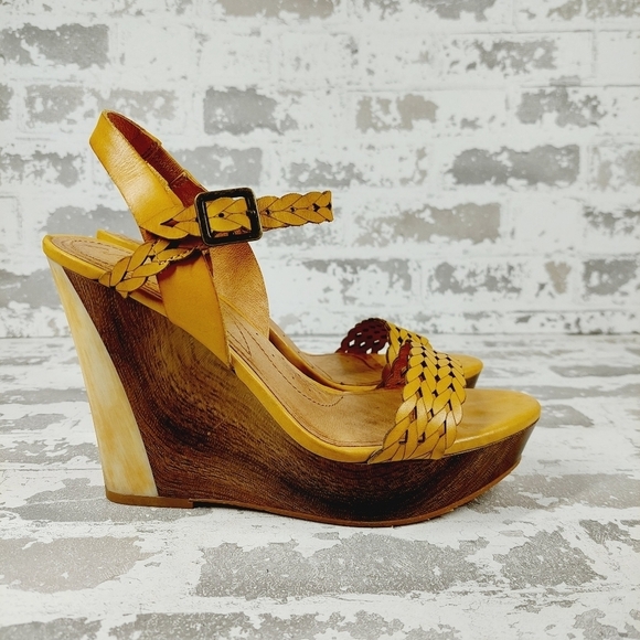 Naya Yellow & Brown Strap Open Toe High Heels Wedges Sandals V634 - Picture 5 of 14